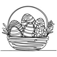 One continuous hand drawing black line basket easter eggs doodle decorated with Many different design for easter egg outline style vector