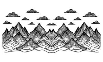 drawing mountain with forest pine trees landscape black line Sketch art Hand drawn linear style vector illustration
