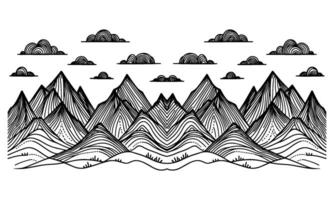 drawing mountain with forest pine trees landscape black line Sketch art Hand drawn linear style vector illustration