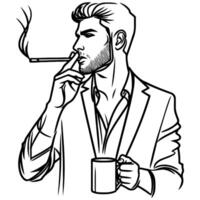 continuous line hand drawing Close up man smoking cigarette vector on white background