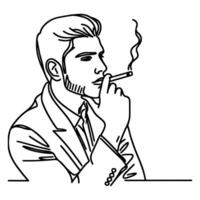 continuous line hand drawing Close up man smoking cigarette vector on white background