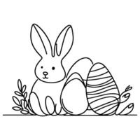 Hand drawn black line art rabbit easter egg doodle coloring linear style vector illustration elements. one continuous line drawing bunny with eggs Editable stroke outline