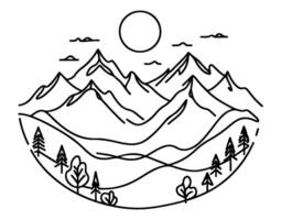 drawing mountain with forest pine trees landscape black line Sketch art Hand drawn linear style vector illustration