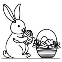 Hand drawn black line art rabbit easter egg doodle coloring linear style vector illustration elements. one continuous line drawing bunny with eggs Editable stroke outline