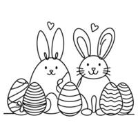 Hand drawn black line art rabbit easter egg doodle coloring linear style vector illustration elements. one continuous line drawing bunny with eggs Editable stroke outline