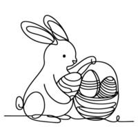 Hand drawn black line art rabbit easter egg doodle coloring linear style vector illustration elements. one continuous line drawing bunny with eggs Editable stroke outline