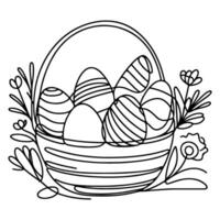 One continuous hand drawing black line basket easter eggs doodle decorated with Many different design for easter egg outline style vector