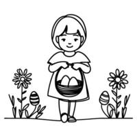 children find and pick up eggs hunt. Hand drawn bunny continuous black line drawing art. Kid carries basket easter egg doodle coloring vector illustration elements.