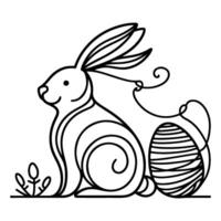 Hand drawn black line art rabbit easter egg doodle coloring linear style vector illustration elements. one continuous line drawing bunny with eggs Editable stroke outline