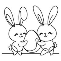 Hand drawn black line art rabbit easter egg doodle coloring linear style vector illustration elements. one continuous line drawing bunny with eggs Editable stroke outline