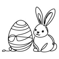 Hand drawn black line art rabbit easter egg doodle coloring linear style vector illustration elements. one continuous line drawing bunny with eggs Editable stroke outline