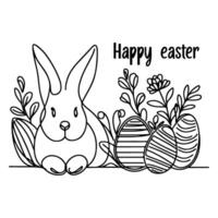 Hand drawn black line art rabbit easter egg doodle coloring linear style vector illustration elements. one continuous line drawing bunny with eggs Editable stroke outline