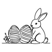 Hand drawn black line art rabbit easter egg doodle coloring linear style vector illustration elements. one continuous line drawing bunny with eggs Editable stroke outline