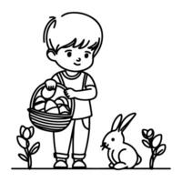 children find and pick up eggs hunt. Hand drawn bunny continuous black line drawing art. Kid carries basket easter egg doodle coloring vector illustration elements.