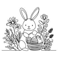 Hand drawn black line art rabbit easter egg doodle coloring linear style vector illustration elements. one continuous line drawing bunny with eggs Editable stroke outline