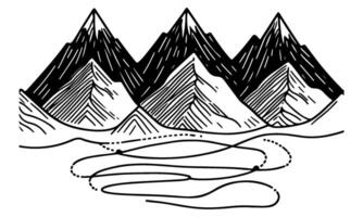 drawing mountain with forest pine trees landscape black line Sketch art Hand drawn linear style vector illustration