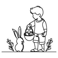 children find and pick up eggs hunt. Hand drawn bunny continuous black line drawing art. Kid carries basket easter egg doodle coloring vector illustration elements.