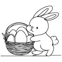 Hand drawn black line art rabbit easter egg doodle coloring linear style vector illustration elements. one continuous line drawing bunny with eggs Editable stroke outline