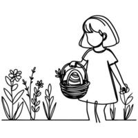 children find and pick up eggs hunt. Hand drawn bunny continuous black line drawing art. Kid carries basket easter egg doodle coloring vector illustration elements.