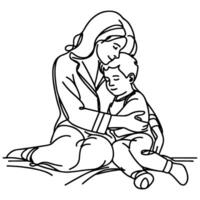 sketch mother hugging small child. Single one black line drawing woman being Hugged By Her children vector illustration