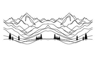 drawing mountain with forest pine trees landscape black line Sketch art Hand drawn linear style vector illustration