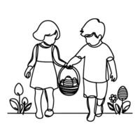 children find and pick up eggs hunt. Hand drawn bunny continuous black line drawing art. Kid carries basket easter egg doodle coloring vector illustration elements.