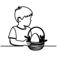 children find and pick up eggs hunt. Hand drawn bunny continuous black line drawing art. Kid carries basket easter egg doodle coloring vector illustration elements.