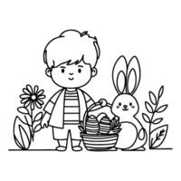 children find and pick up eggs hunt. Hand drawn bunny continuous black line drawing art. Kid carries basket easter egg doodle coloring vector illustration elements.