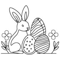 Hand drawn black line art rabbit easter egg doodle coloring linear style vector illustration elements. one continuous line drawing bunny with eggs Editable stroke outline