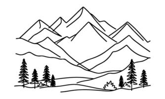 drawing mountain with forest pine trees landscape black line Sketch art Hand drawn linear style vector illustration