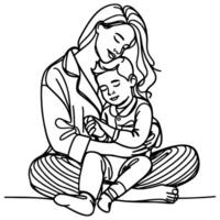 sketch mother hugging small child. Single one black line drawing woman being Hugged By Her children vector illustration
