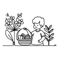 children find and pick up eggs hunt. Hand drawn bunny continuous black line drawing art. Kid carries basket easter egg doodle coloring vector illustration elements.