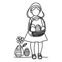 children find and pick up eggs hunt. Hand drawn bunny continuous black line drawing art. Kid carries basket easter egg doodle coloring vector illustration elements.