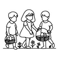 children find and pick up eggs hunt. Hand drawn bunny continuous black line drawing art. Kid carries basket easter egg doodle coloring vector illustration elements.