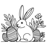 Hand drawn black line art rabbit easter egg doodle coloring linear style vector illustration elements. one continuous line drawing bunny with eggs Editable stroke outline