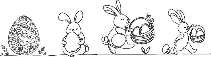 Hand drawn black line art rabbit easter egg doodle coloring linear style vector illustration elements. one continuous line drawing bunny with eggs Editable stroke outline