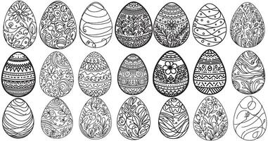 collection hand drawing black line art floral easter eggs outline  doodle decorated with many different design for easter egg vector on white background