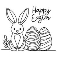 Hand drawn black line art rabbit easter egg doodle coloring linear style vector illustration elements. one continuous line drawing bunny with eggs Editable stroke outline