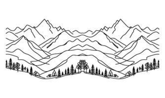 drawing mountain with forest pine trees landscape black line Sketch art Hand drawn linear style vector illustration