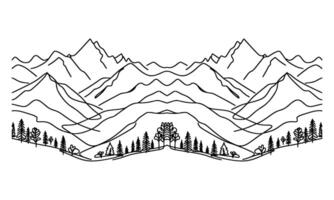 drawing mountain with forest pine trees landscape black line Sketch art Hand drawn linear style vector illustration