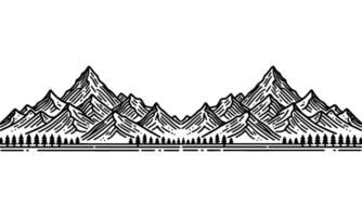 drawing mountain with forest pine trees landscape black line Sketch art Hand drawn linear style vector illustration