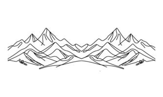 drawing mountain with forest pine trees landscape black line Sketch art Hand drawn linear style vector illustration