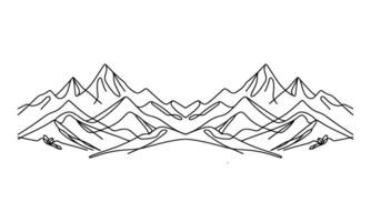 drawing mountain with forest pine trees landscape black line Sketch art Hand drawn linear style vector illustration