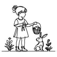 children find and pick up eggs hunt. Hand drawn bunny continuous black line drawing art. Kid carries basket easter egg doodle coloring vector illustration elements.