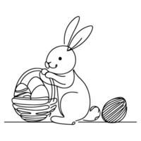 Hand drawn black line art rabbit easter egg doodle coloring linear style vector illustration elements. one continuous line drawing bunny with eggs Editable stroke outline