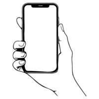 Close up hand holding modern smart phone mockup. Continuous black single lines drawing art icon. Finger touching blank screen transparent background vector