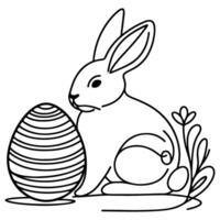 Hand drawn black line art rabbit easter egg doodle coloring linear style vector illustration elements. one continuous line drawing bunny with eggs Editable stroke outline