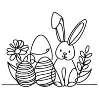 Hand drawn black line art rabbit easter egg doodle coloring linear style vector illustration elements. one continuous line drawing bunny with eggs Editable stroke outline