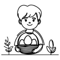 children find and pick up eggs hunt. Hand drawn bunny continuous black line drawing art. Kid carries basket easter egg doodle coloring vector illustration elements.