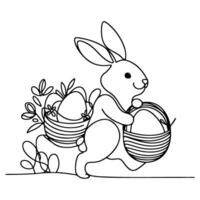 Hand drawn black line art rabbit easter egg doodle coloring linear style vector illustration elements. one continuous line drawing bunny with eggs Editable stroke outline